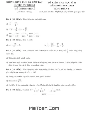 Đề thi HK2 Toán lớp 6 năm 2018 - 2019 phòng GD&ĐT Tư Nghĩa - Quảng Ngãi