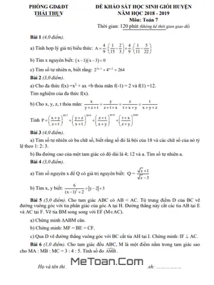 Đề khảo sát HSG huyện Toán 7 năm 2018 - 2019 phòng GD&ĐT Thái Thụy - Thái Bình