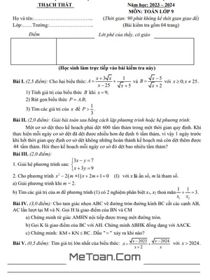 Đề thi học kì 2 Toán 9 năm 2023 - 2024 phòng GD&ĐT Thạch Thất - Hà Nội