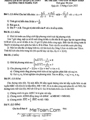 Đề thi thử Toán vào lớp 10 năm 2022 – 2023 trường THCS Nghĩa Tân – Hà Nội
