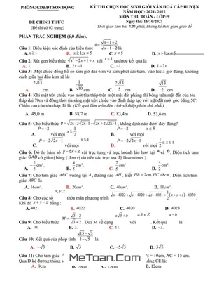 Đề thi HSG Toán 9 cấp huyện năm 2021 - 2022 phòng GD&ĐT Sơn Động - Bắc Giang