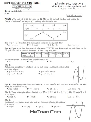 Đề thi học kỳ 1 Toán 12 năm 2025 - 2026 trường THPT Nguyễn Thị Minh Khai - Hà Nội