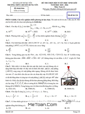 Đề chọn đội tuyển Học sinh Giỏi Toán 12 năm học 2025 – 2026 trường THPT Chuyên Hưng Yên