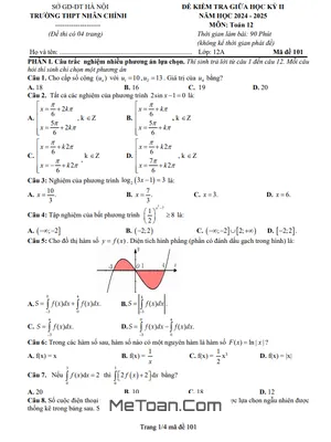 Đề giữa kỳ 2 Toán 12 năm 2024 – 2025 trường THPT Nhân Chính – Hà Nội