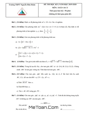 Đề thi Toán 10 cuối kì 1 năm 2019 - 2020 trường THPT Nguyễn Hữu Huân - TPHCM