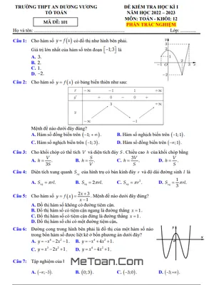 Đề thi học kì 1 Toán 12 năm 2022 - 2023 trường THPT An Dương Vương - TP.HCM