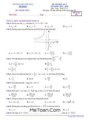 Đề thi học kì 1 Toán 12 năm 2019 - 2020 trường THPT Phú Hòa - TP HCM có lời giải