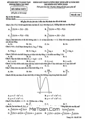 Đề khảo sát chất lượng Toán 12 năm 2021 Sở GD&ĐT thành phố Cần Thơ