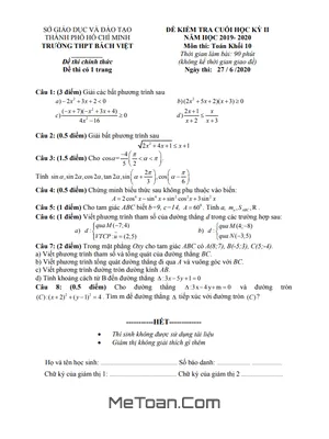 Đề thi học kì 2 Toán 10 năm 2019 - 2020 trường THPT Bách Việt - TP HCM