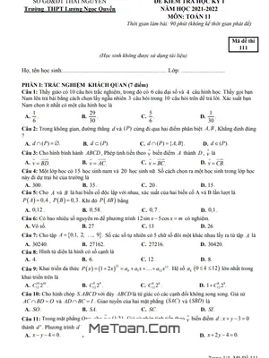 Đề thi HK1 Toán 11 năm 2021 – 2022 trường THPT Lương Ngọc Quyến – Thái Nguyên có lời giải