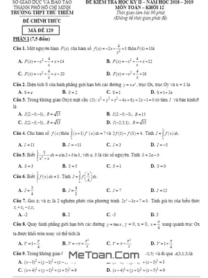 Đề thi HK2 Toán 12 năm 2018 - 2019 trường THPT Thủ Thiêm - TP HCM