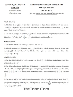 Đề thi học sinh giỏi Toán THPT cấp tỉnh năm 2020 - 2021 sở GD&ĐT Hưng Yên