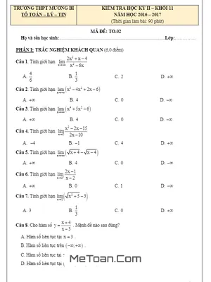 Đề thi HK2 Toán 11 năm học 2016 - 2017 trường THPT Mường Bi - Hòa Bình