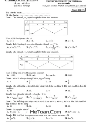 Đề thi thử tốt nghiệp THPT 2024 môn Toán lần 1 sở GD&ĐT Hà Tĩnh