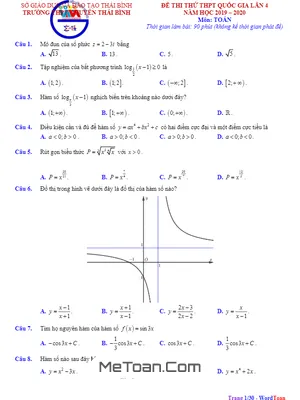 Đề thi thử THPT Quốc Gia 2020 môn Toán lần 4 trường THPT chuyên Thái Bình