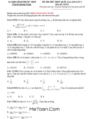 Đề thi thử Toán THPTQG 2018 trường THPT chuyên Quang Trung – Bình Phước lần 5 - Có đáp án
