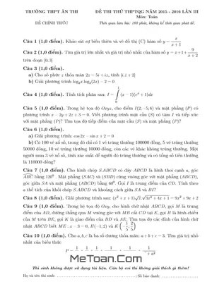Đề Thi Thử THPT Quốc Gia 2016 Môn Toán Trường THPT Ân Thi – Hưng Yên Lần 3