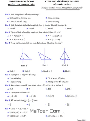 Đề thi học kỳ 1 Toán lớp 6 năm 2021 - 2022 trường THCS Thạch Thán - Hà Nội