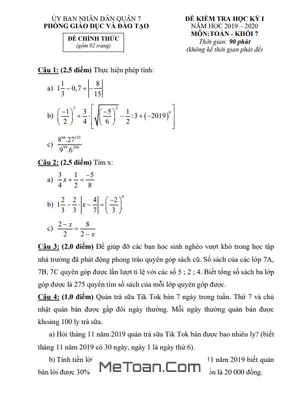 Đề thi học kỳ 1 Toán lớp 7 năm 2019 - 2020 phòng GD&ĐT Quận 7 - TP HCM