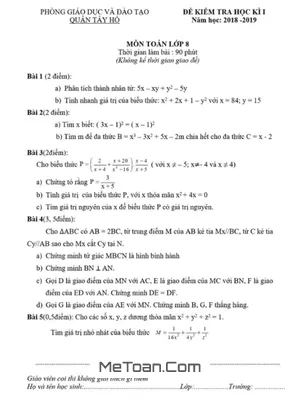 Đề thi học kì 1 Toán 8 năm 2018 - 2019 phòng GD&ĐT Tây Hồ - Hà Nội