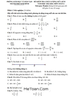 Đề thi giữa kì 2 Toán lớp 6 năm 2023 - 2024 phòng GD&ĐT thành phố Ninh Bình
