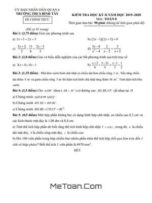 Đề thi học kì 2 Toán lớp 8 năm 2019 - 2020 trường THCS Bình Tây - TP HCM