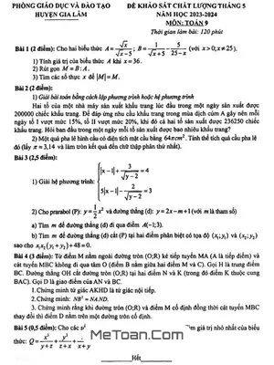 Đề khảo sát Toán 9 tháng 5 năm 2024 phòng GD&ĐT Gia Lâm - Hà Nội