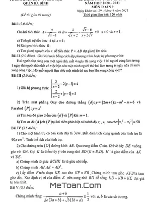 Đề KSCL Toán 9 Năm 2020 - 2021 Phòng GD&ĐT Ba Đình - Hà Nội
