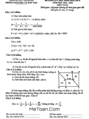 Đề Giao Lưu HSG Toán 6 Năm 2023 - 2024 Phòng GD&ĐT Thanh Hà - Hải Dương