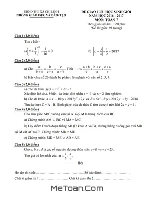 Đề Giao Lưu HSG Toán 7 Năm 2016 - 2017 Phòng GD&ĐT Chí Linh - Hải Dương