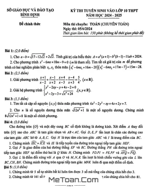 Đề tuyển sinh lớp 10 môn Toán (chuyên) năm 2024 - 2025 sở GD&ĐT Bình Định