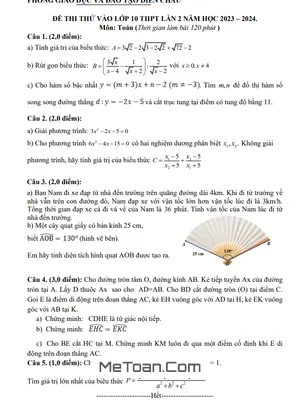 Đề thi thử Toán vào lớp 10 lần 2 năm 2023 - 2024 phòng GD&ĐT Diễn Châu - Nghệ An