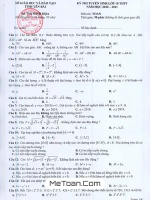 Đề minh họa Toán tuyển sinh lớp 10 THPT năm 2020 - 2021 sở GD&ĐT Yên Bái