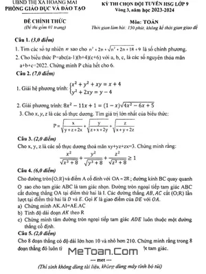 Đề chọn HSG Toán 9 vòng 3 năm 2023 - 2024 phòng GD&ĐT Hoàng Mai - Nghệ An