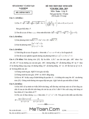 Đề thi học sinh giỏi Toán 9 năm 2020 - 2021 sở GD&ĐT Nam Định
