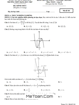 Đề giữa kỳ 1 Toán 12 năm 2024 - 2025 trường THPT Đặng Huy Trứ - TT Huế