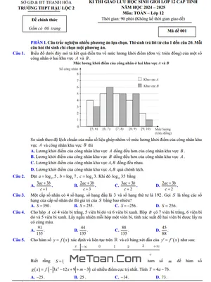 Đề thi Giao lưu HSG Toán 12 năm 2024 - 2025 trường THPT Hậu Lộc 2 - Thanh Hóa
