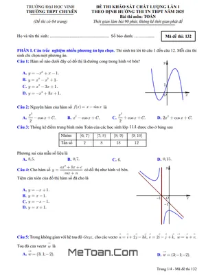 Đề KSCL Toán Lần 1 Thi TN THPT 2025 Trường THPT Chuyên ĐH Vinh - Nghệ An