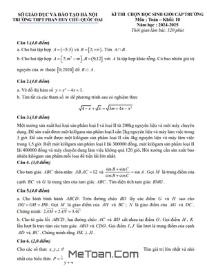Đề chọn HSG Toán 10 năm 2024 - 2025 trường THPT Phan Huy Chú - Hà Nội