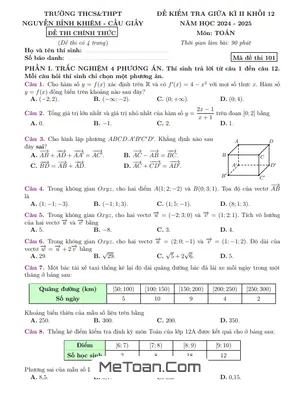 Đề Thi Giữa Kì 2 Toán 12 Năm 2024 - 2025 Trường Nguyễn Bỉnh Khiêm - Hà Nội