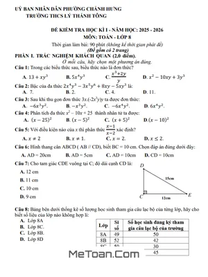 Đề Thi Học Kì 1 Môn Toán Lớp 8 Năm Học 2025–2026 – Trường THCS Lý Thánh Tông, TP. Hồ Chí Minh