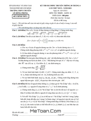 Đề Olympic 30 Tháng 4 Toán 11 Năm 2021 Trường Chuyên Lê Hồng Phong - TP HCM