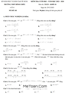 Đề thi học kì 1 Toán 10 năm 2023 - 2024 trường THPT Bình Chiểu - TP.HCM