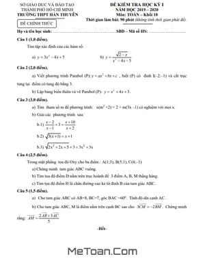 Đề thi học kì 1 Toán 10 năm 2019 - 2020 trường THPT Hàn Thuyên - TP HCM