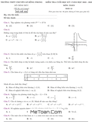 Đề Thi Cuối Học Kỳ 1 Toán 12 năm 2022 - 2023 Trường Chuyên Lê Hồng Phong - TP HCM