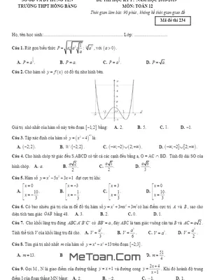 Đề thi HK1 Toán 12 năm 2018 - 2019 trường THPT Hồng Bàng - Hưng Yên (có đáp án)