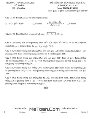 Đề kiểm tra giữa kỳ 2 Toán 10 năm 2021 - 2022 trường THPT Marie Curie - TP HCM