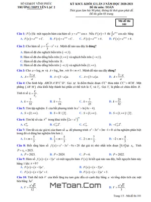 Đề KSCL Toán 12 lần 3 năm 2020 - 2021 trường THPT Yên Lạc 2 - Vĩnh Phúc