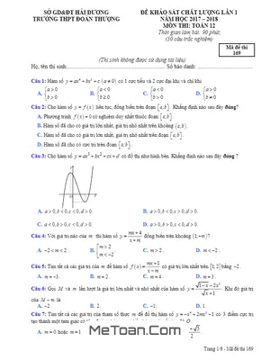 Đề khảo sát chất lượng Toán 12 lần 1 năm 2017-2018 trường THPT Đoàn Thượng - Hải Dương (có đáp án)