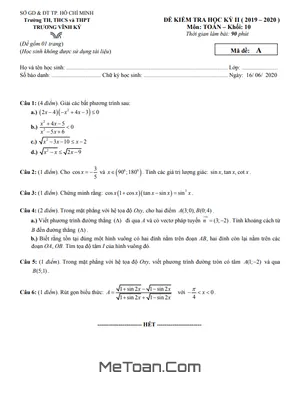 Đề thi học kì 2 Toán 10 năm 2019 - 2020 trường Trương Vĩnh Ký - TP HCM